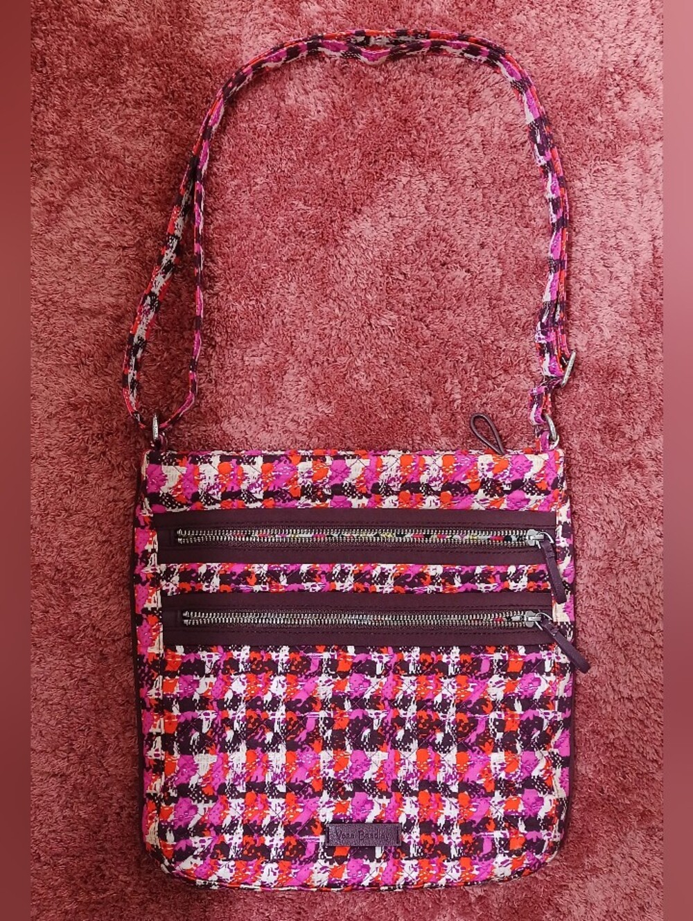 NEW Wot - Vera Bradley Pink/Cream Triple Zip Hipster Houndstooth Crossbody Purse